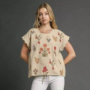 Floral Embroidered Scallop Sleeve Top with Drawstring Hem